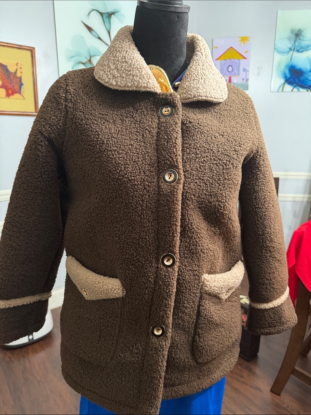 Source Unknown Chocolate Brown Teddy Coat with Cream Trim